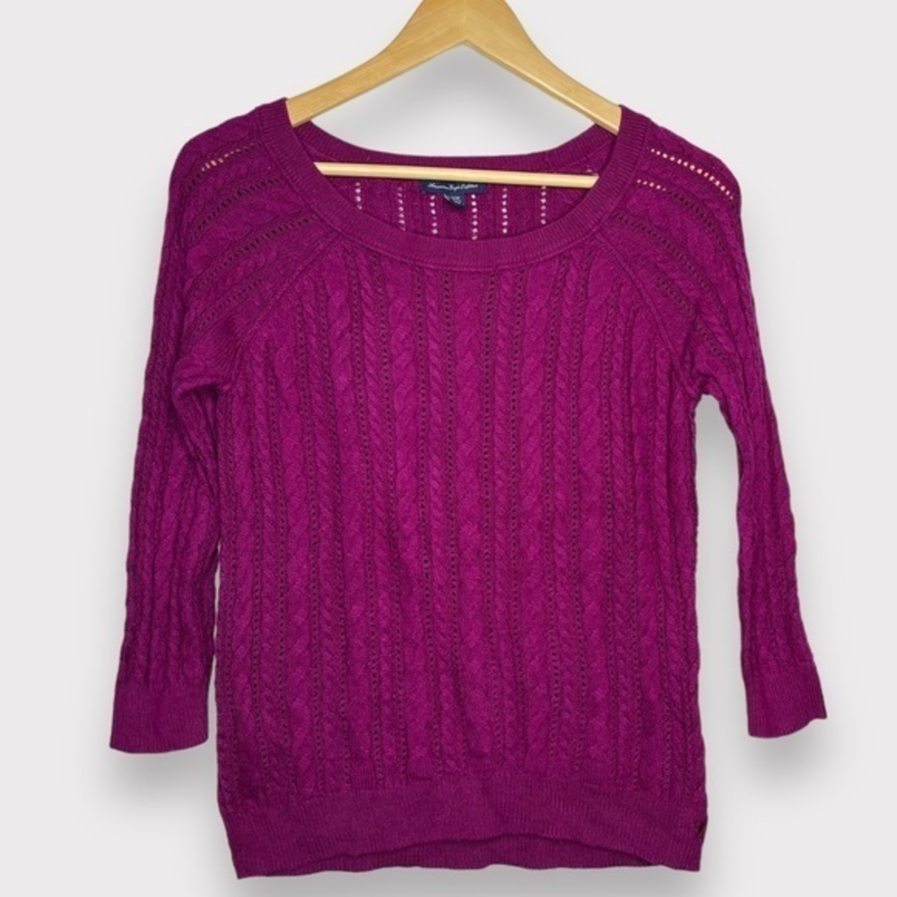Cable Knit Fuchsia American Eagle‎ 3/4 Sleeve Sweater XS